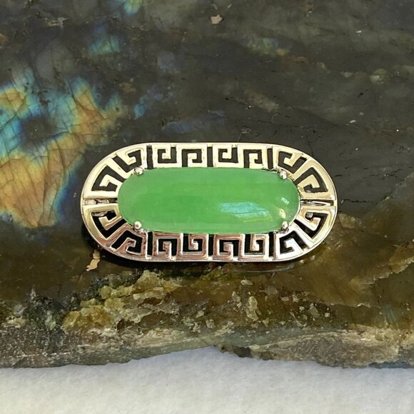Sterling Silver 925 Oval Green Stone Greek Key Cut Out Brooch - Picture 1 of 16